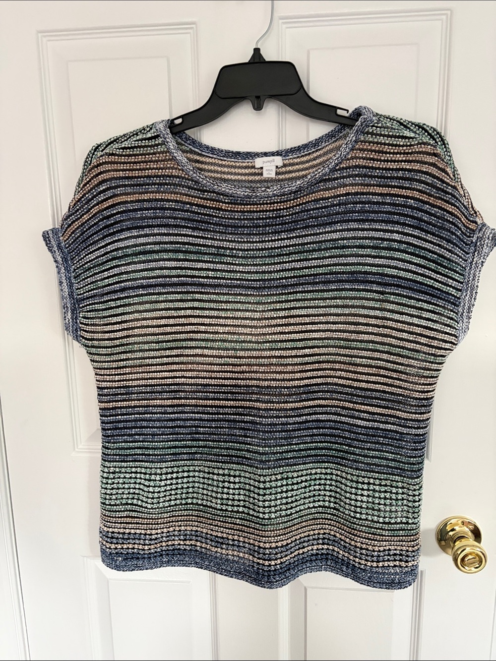 J. Jill Striped Short-Sleeve Knit Sweater in Blue and Green